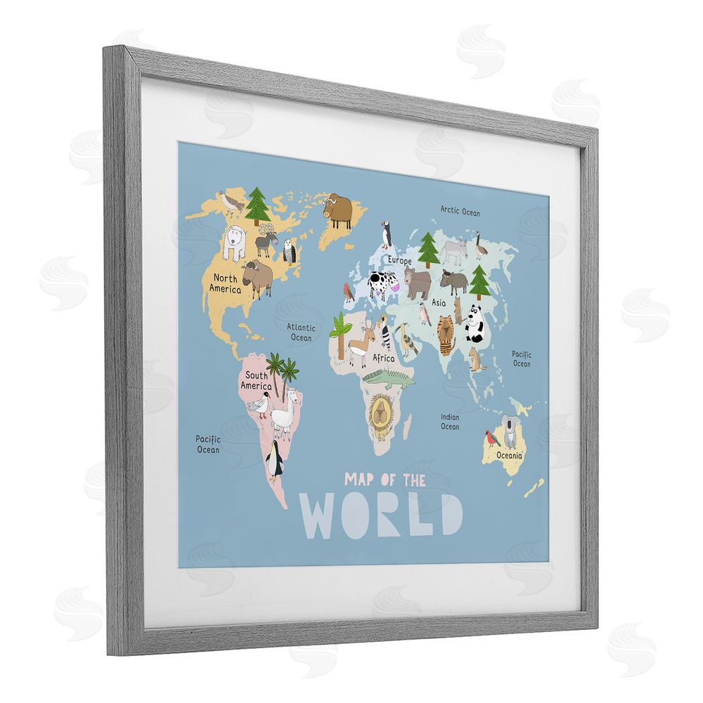 Carla Daly Kid's Map Of World Blue Gray Framed Print Under Glass Wall Art