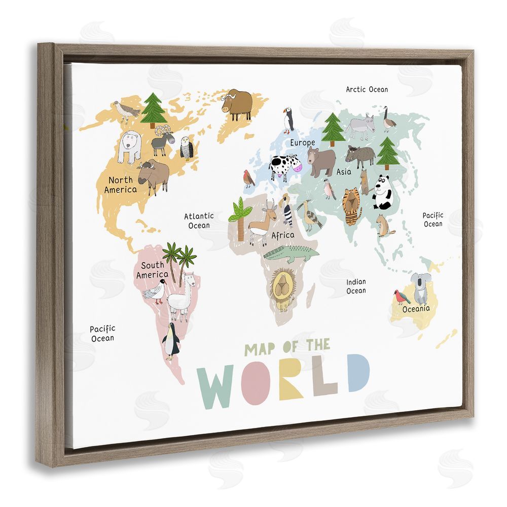 Carla Daly Map Of World Pastel Animals Brown Floating Frame Canvas Wall Art Print