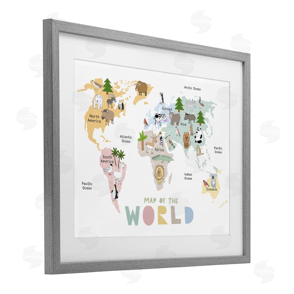 Carla Daly Map Of World Pastel Animals Gray Framed Print Under Glass Wall Art