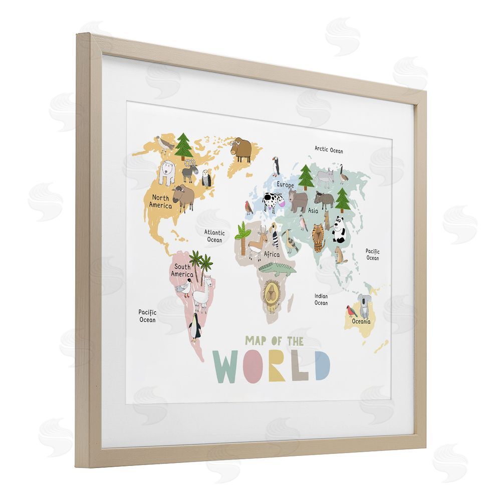 Carla Daly Map Of World Pastel Animals Brown Framed Print Under Glass Wall Art
