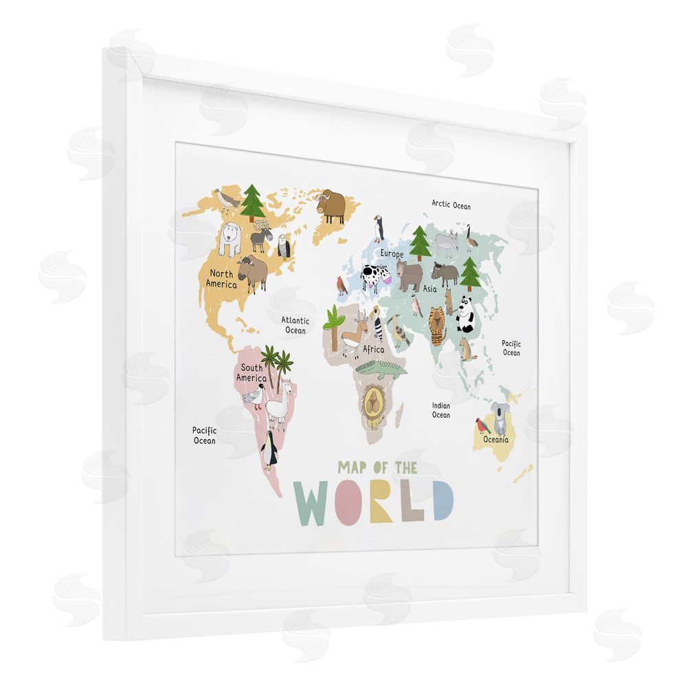 Carla Daly Map Of World Pastel Animals White Framed Print Under Glass Wall Art