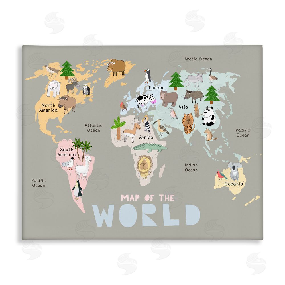 Carla Daly Kid's Map Of World Grey Stretched Canvas Wall Art Print