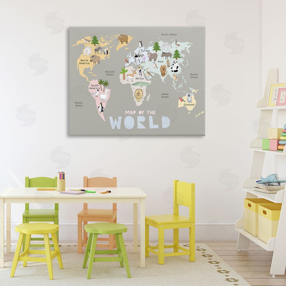 Carla Daly Kid's Map Of World Grey Stretched Canvas Wall Art Print in Room