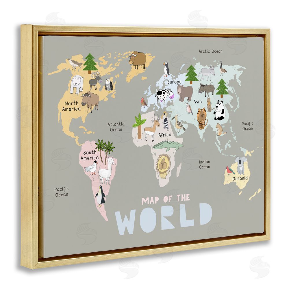 Carla Daly Kid's Map Of World Grey Gold Floating Frame Canvas Wall Art Print