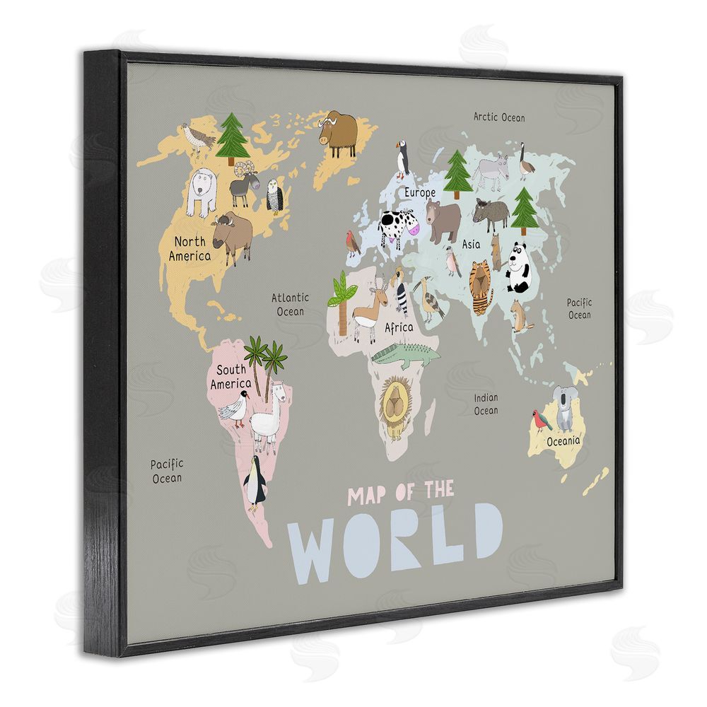 Carla Daly Kid's Map Of World Grey Black Framed Giclee Print Wall Art