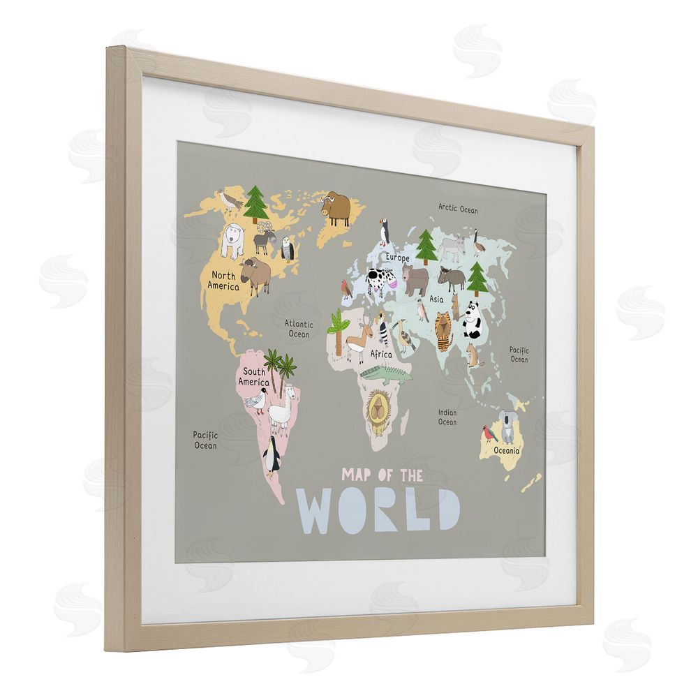 Carla Daly Kid's Map Of World Grey Brown Framed Print Under Glass Wall Art