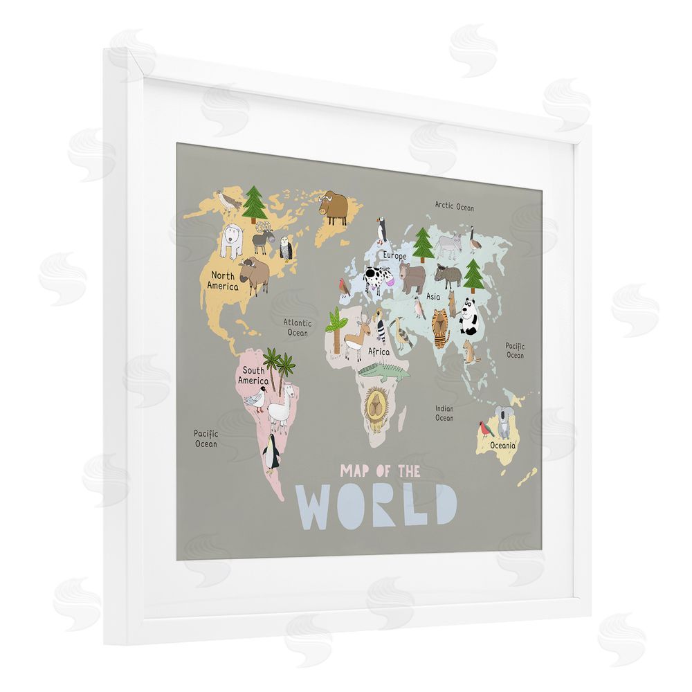 Carla Daly Kid's Map Of World Grey White Framed Print Under Glass Wall Art