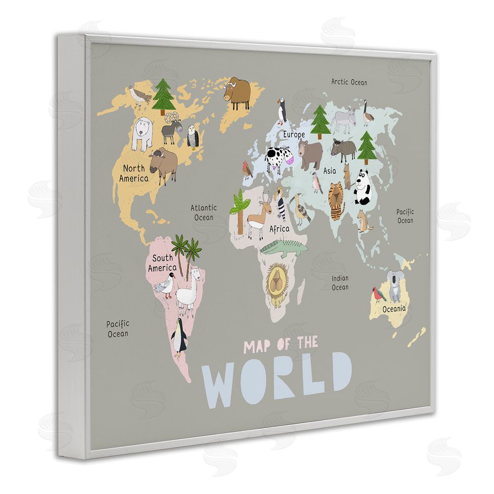 Carla Daly Kid's Map Of World Grey White Framed Giclee Print Wall Art