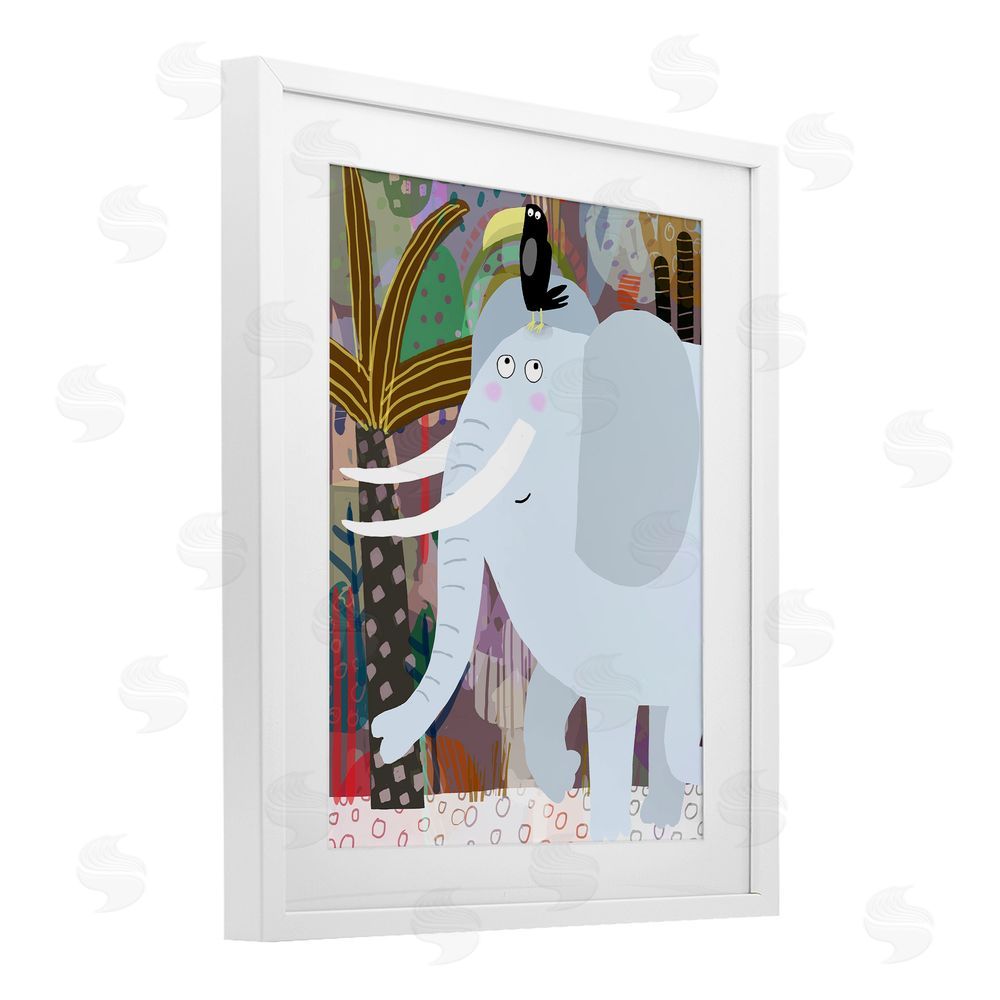 Carla Daly Elephant & Toucan in Jungle White Framed Print Under Glass Wall Art