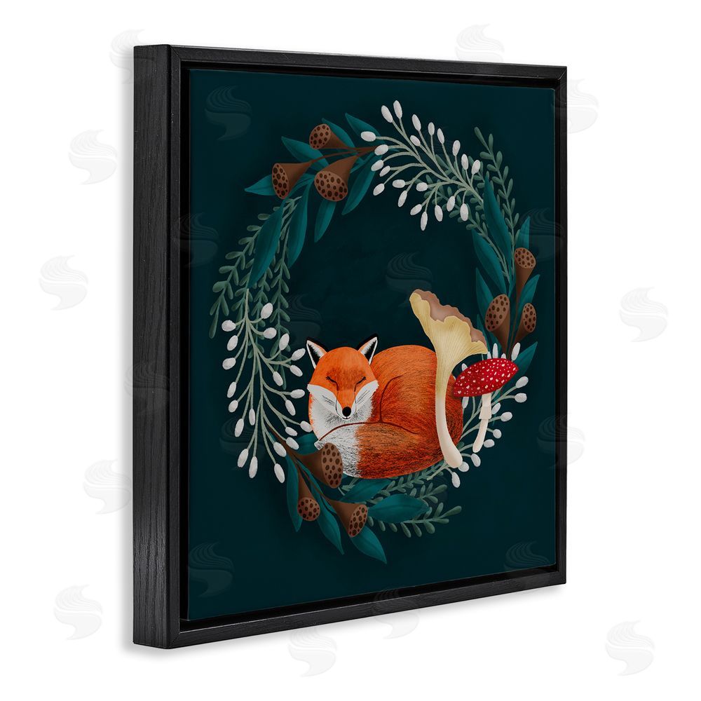 Metka Hiti Sleepy Fox in Botanical Wreath Black Floating Frame Canvas Wall Art Print