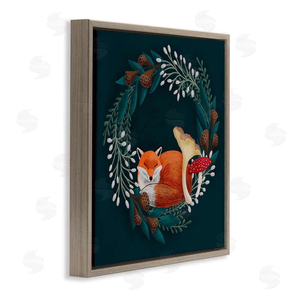 Metka Hiti Sleepy Fox in Botanical Wreath Brown Floating Frame Canvas Wall Art Print