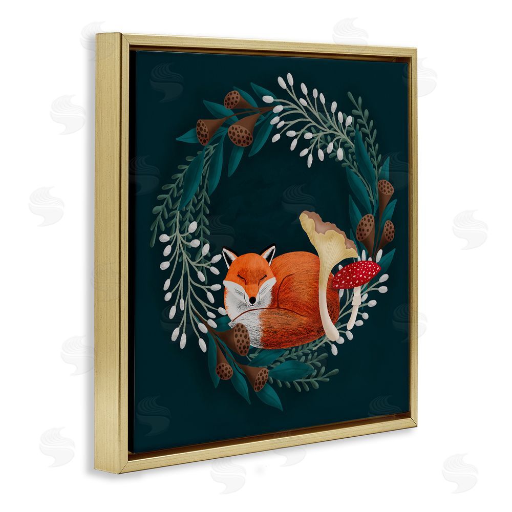 Metka Hiti Sleepy Fox in Botanical Wreath Gold Floating Frame Canvas Wall Art Print