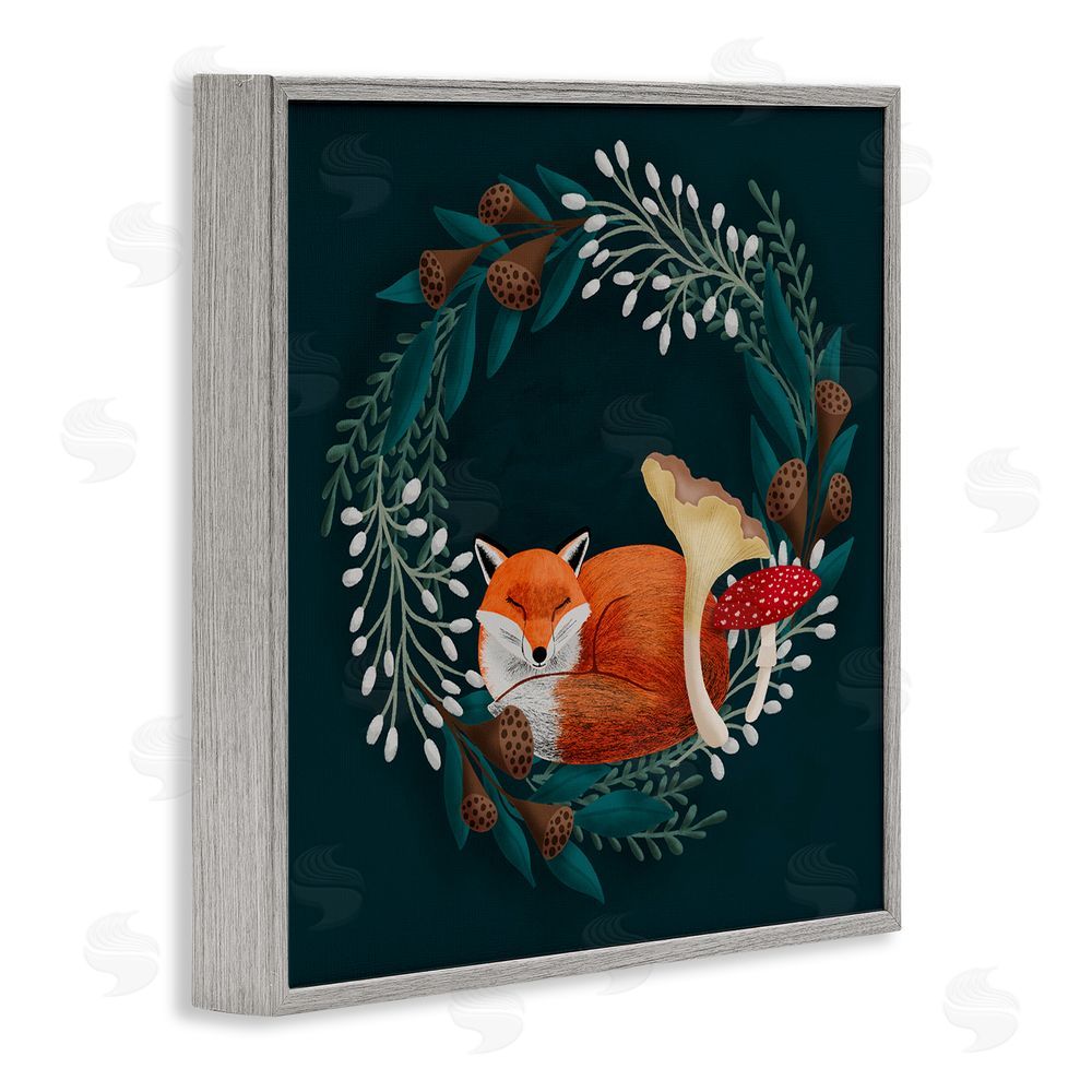 Metka Hiti Sleepy Fox in Botanical Wreath Gray Framed Giclee Print Wall Art