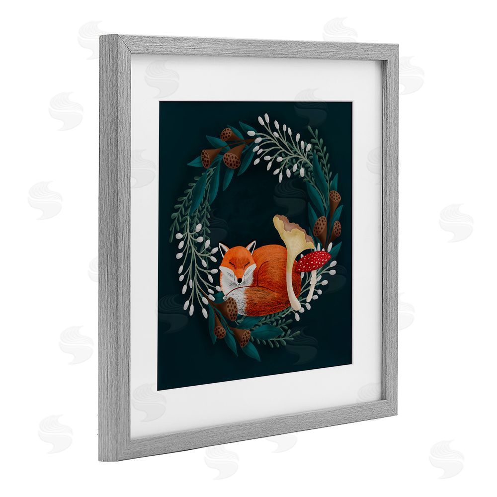 Metka Hiti Sleepy Fox in Botanical Wreath Gray Framed Print Under Glass Wall Art