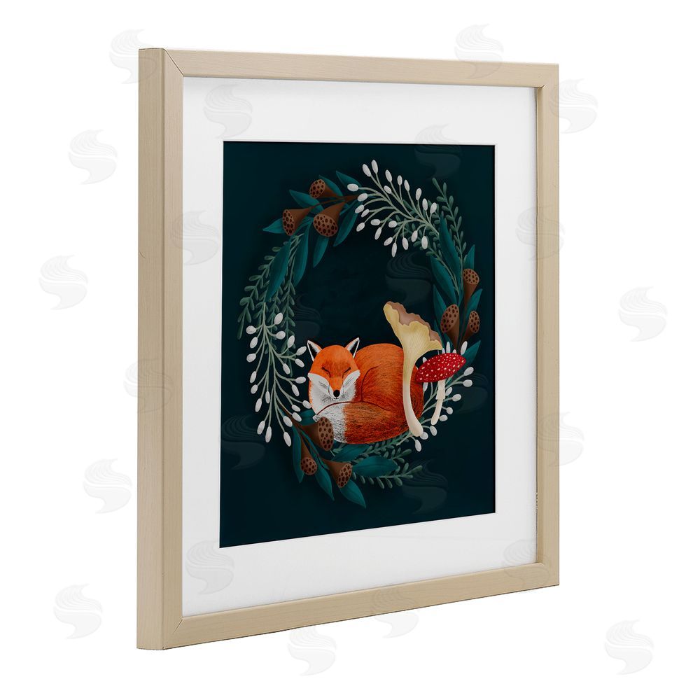 Metka Hiti Sleepy Fox in Botanical Wreath Brown Framed Print Under Glass Wall Art