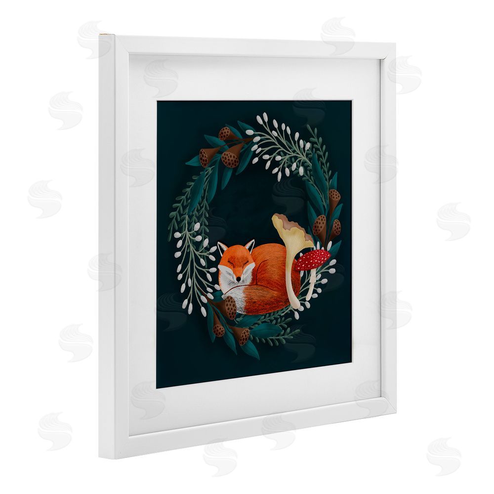 Metka Hiti Sleepy Fox in Botanical Wreath White Framed Print Under Glass Wall Art