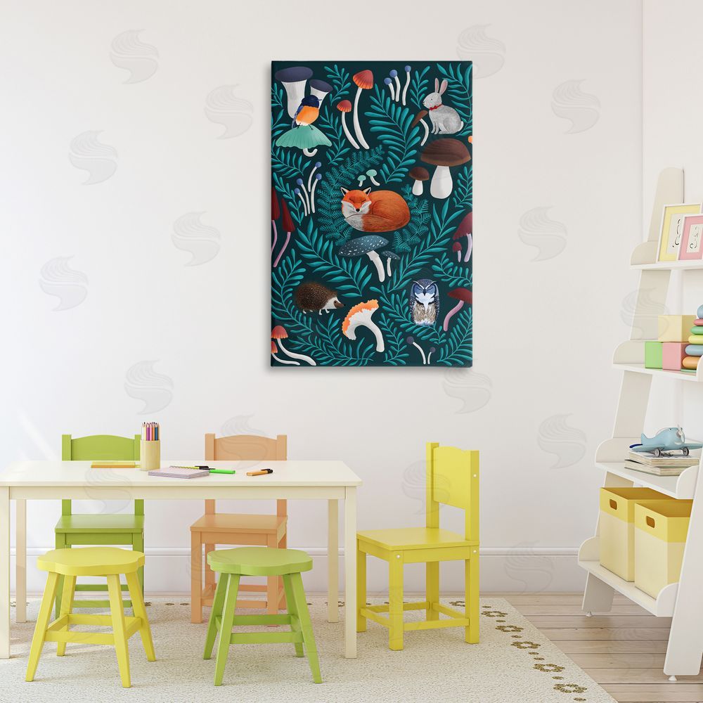 Metka Hiti Woodland Animals & Botanical Sprigs Stretched Canvas Wall Art Print in Room