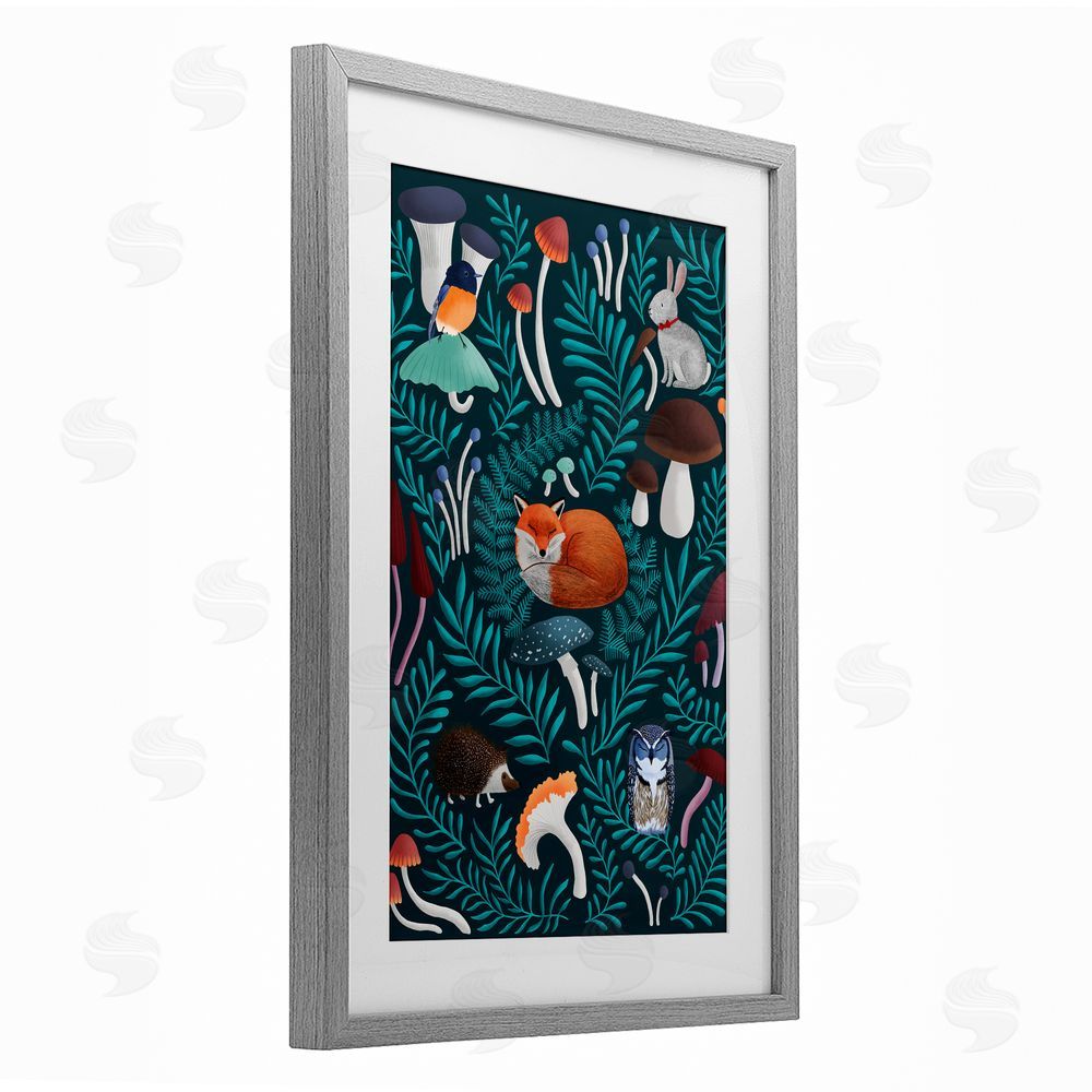 Metka Hiti Woodland Animals & Botanical Sprigs Gray Framed Print Under Glass Wall Art