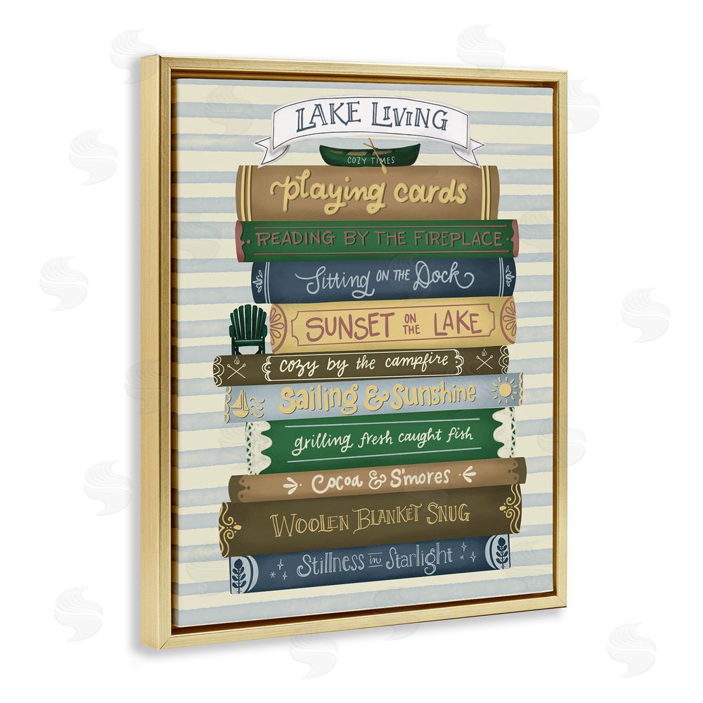 Giao Williams Lake Living Book Stack Gold Floating Frame Canvas Wall Art Print