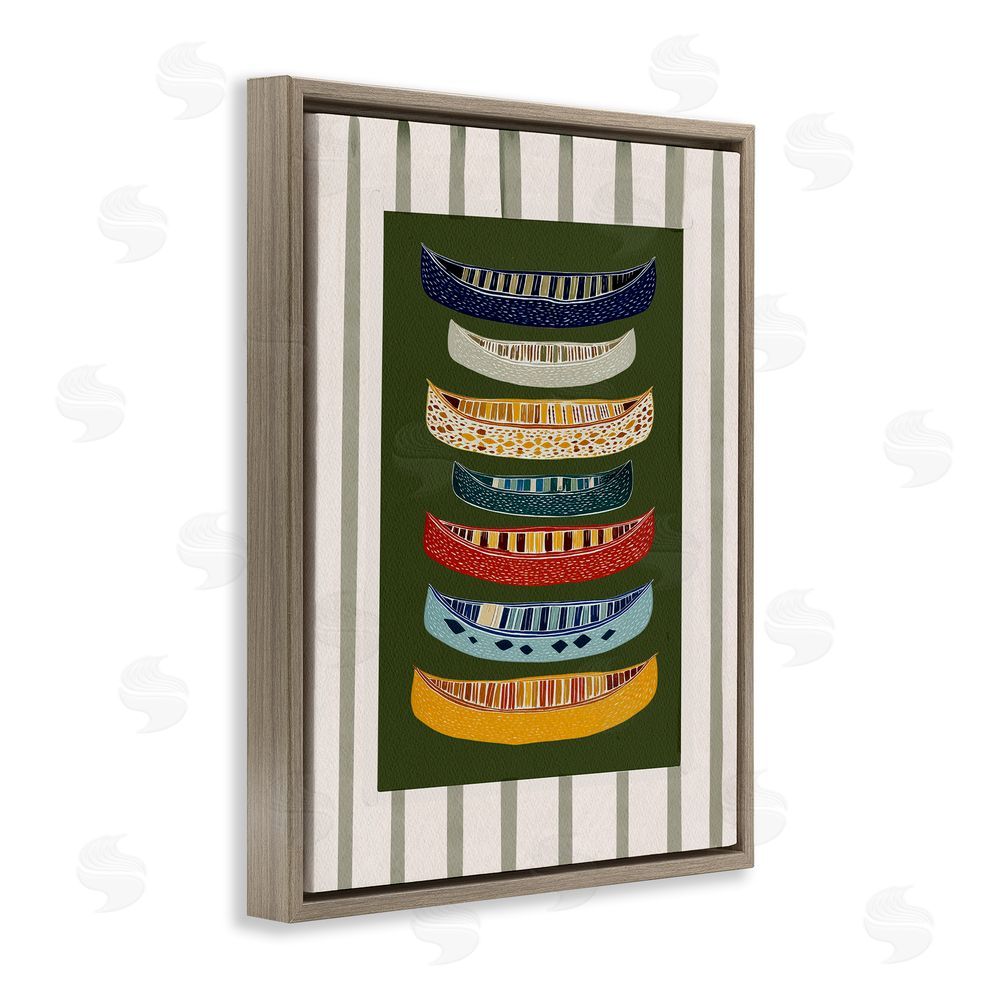 Yen Patterned Canoes over Stripes Brown Floating Frame Canvas Wall Art Print