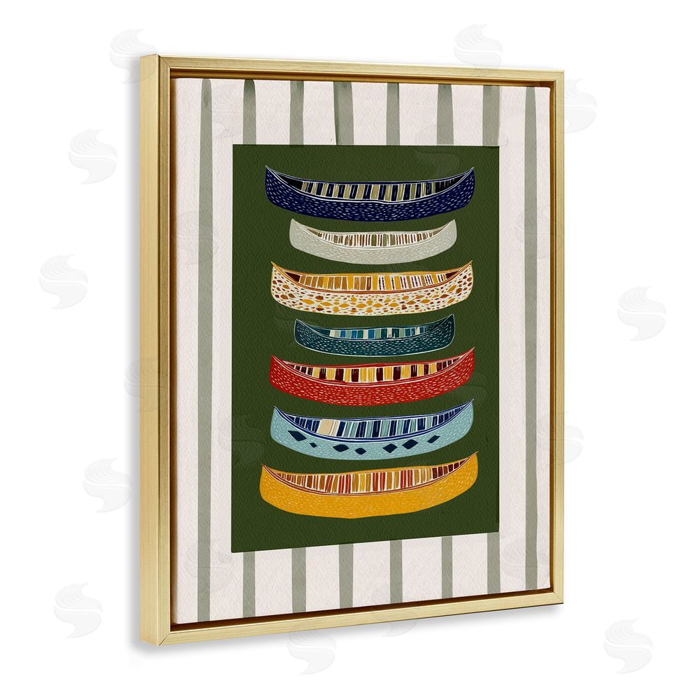 Yen Patterned Canoes over Stripes Gold Floating Frame Canvas Wall Art Print