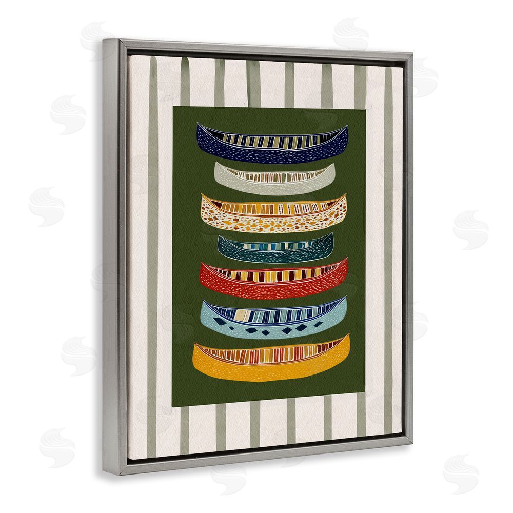 Yen Patterned Canoes over Stripes Gray Floating Frame Canvas Wall Art Print