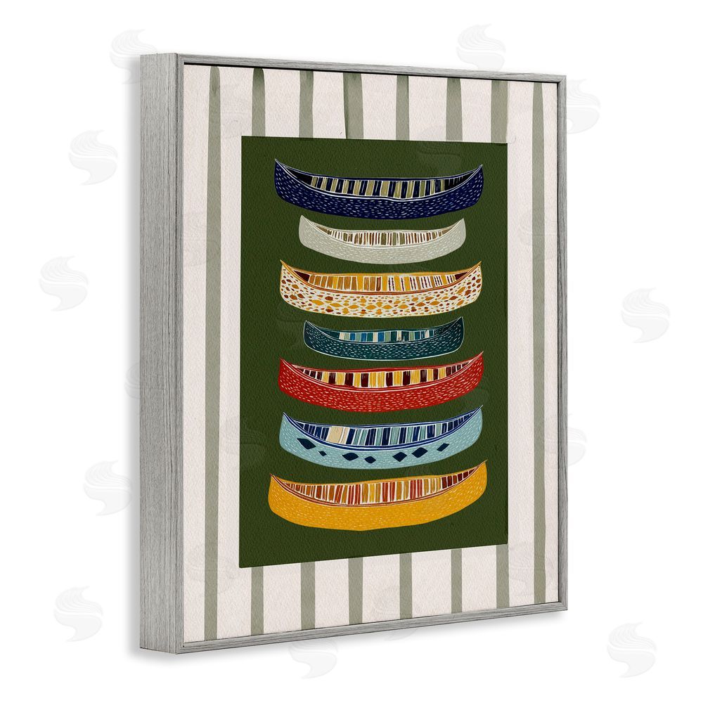 Yen Patterned Canoes over Stripes Gray Framed Giclee Wall Art Print