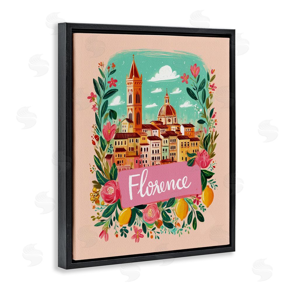 Yen Floral Bordered Florence Black Floating Frame Canvas Wall Art Print