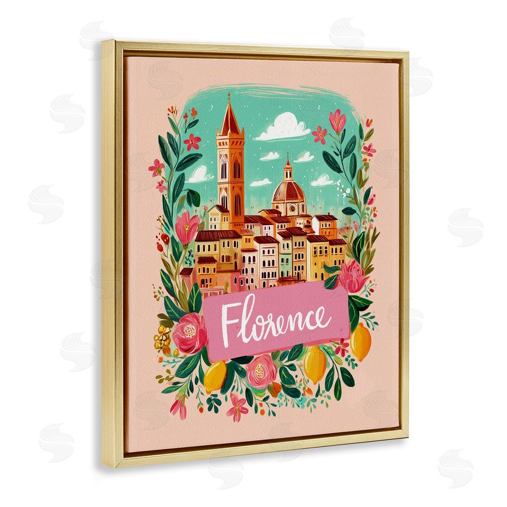 Yen Floral Bordered Florence Gold Floating Frame Canvas Wall Art Print