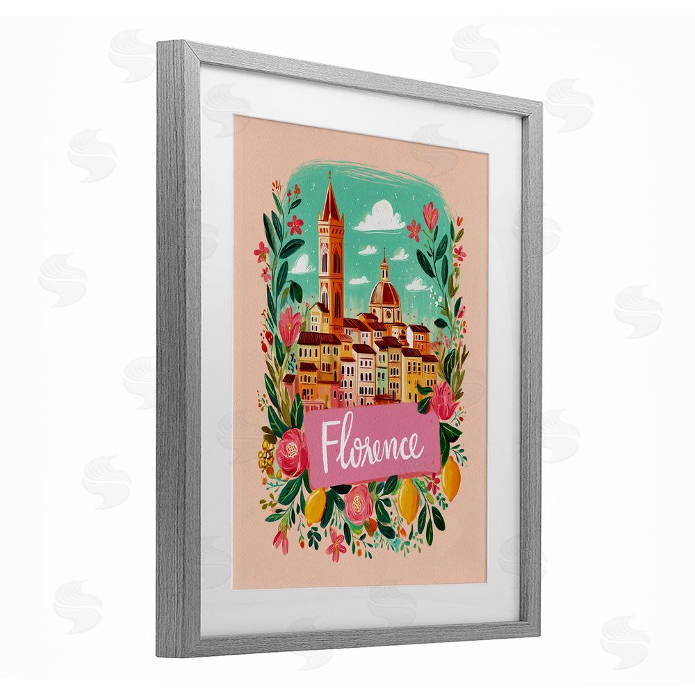 Yen Floral Bordered Florence Gray Framed Print Under Glass Wall Art