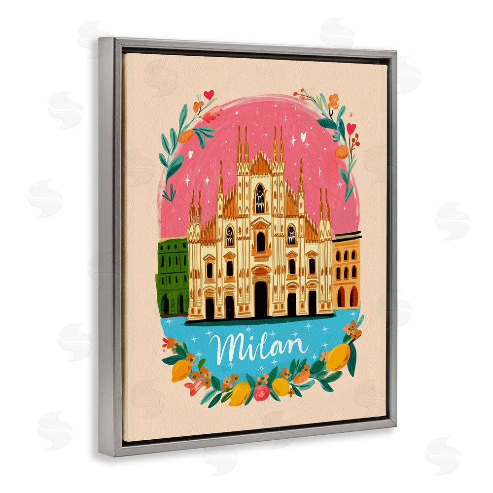 Yen Floral Bordered Milan Gray Floating Frame Canvas Wall Art Print