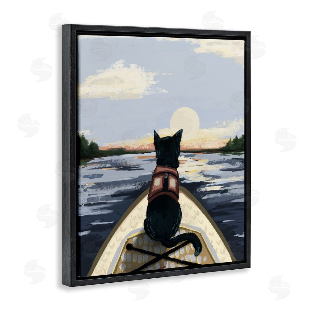 Denise Bartkus Peaceful Cat Viewing Lake Black Floating Frame Canvas Wall Art Print