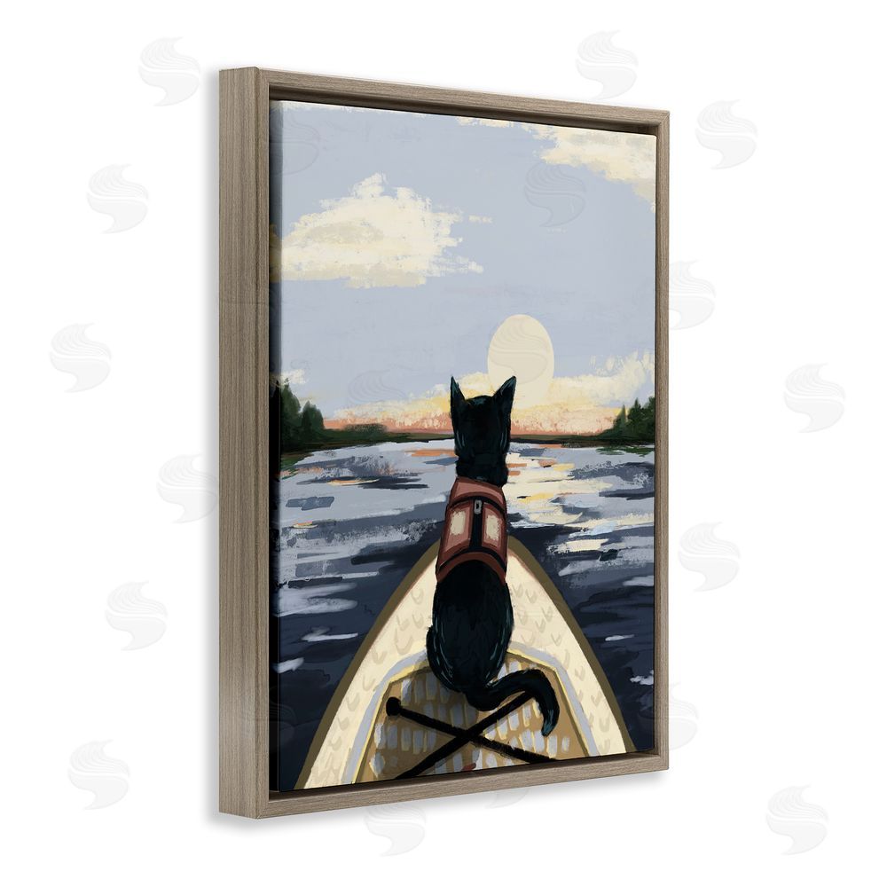 Denise Bartkus Peaceful Cat Viewing Lake Brown Floating Frame Canvas Wall Art Print