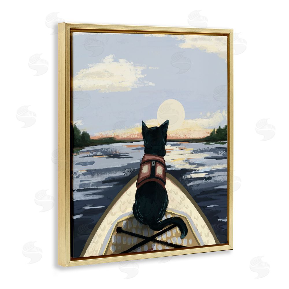 Denise Bartkus Peaceful Cat Viewing Lake Gold Floating Frame Canvas Wall Art Print
