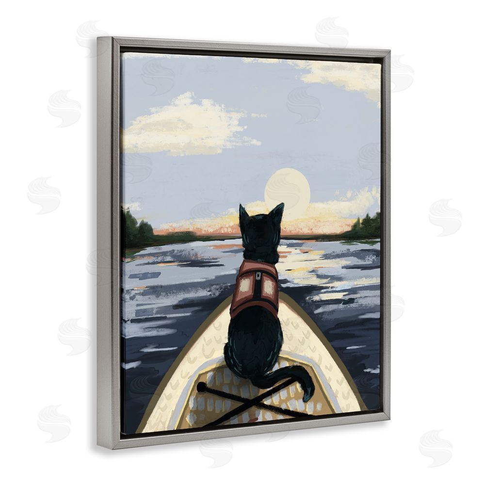 Denise Bartkus Peaceful Cat Viewing Lake Gray Floating Frame Canvas Wall Art Print