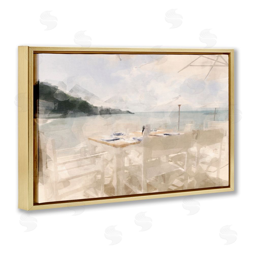 Noah Bay Table By The Sea Gold Floating Framed Canvas Wall Art Print