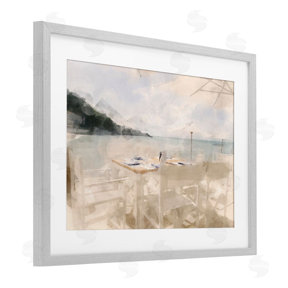 Noah Bay Table By The Sea Gray Framed Print Under Glass with White Mat Wall Art