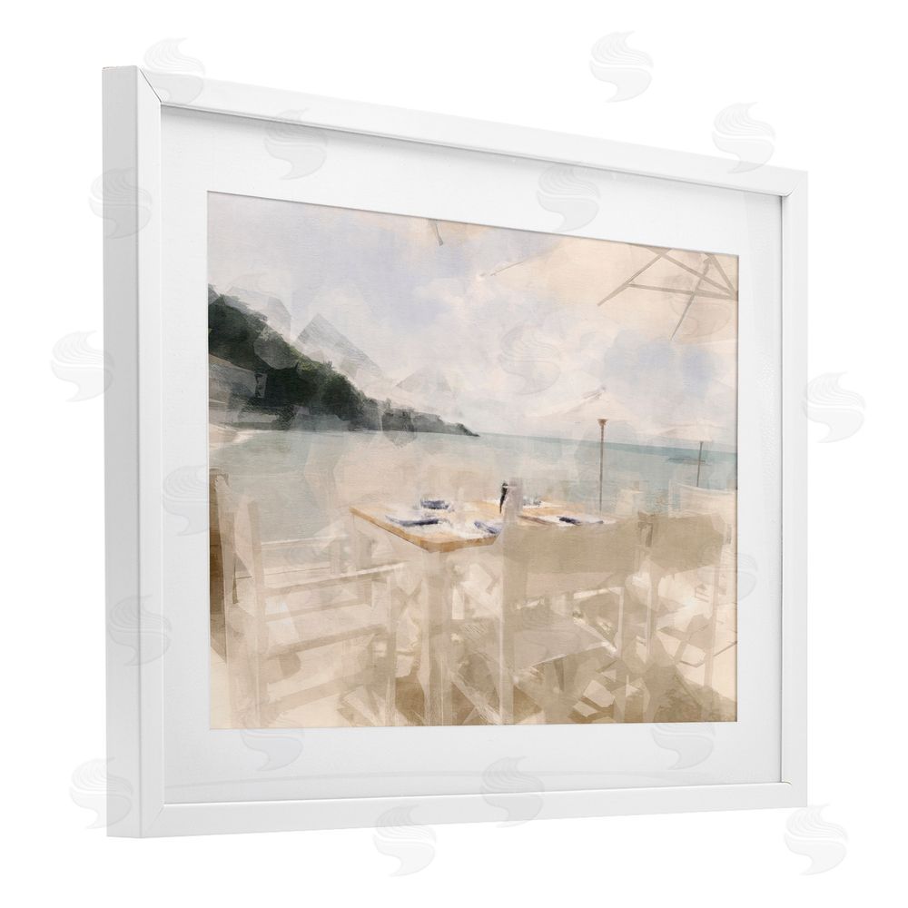 Noah Bay Table By The Sea White Framed Print Under Glass with White Mat Wall Art