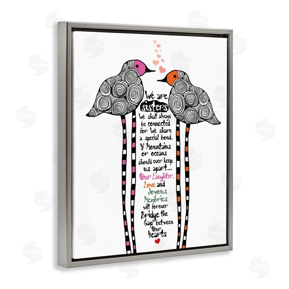 Suzanne Millius We Are Sisters Bird Duo Gray Floating Frame Canvas Wall Art Print