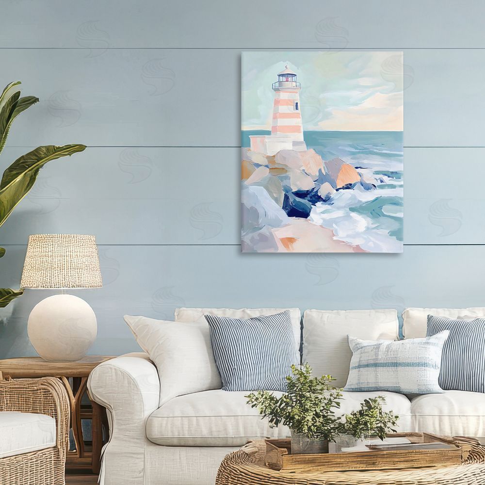 Creative Studio Coastal Lighthouse in Pastels Stretched Canvas Wall Art in Room