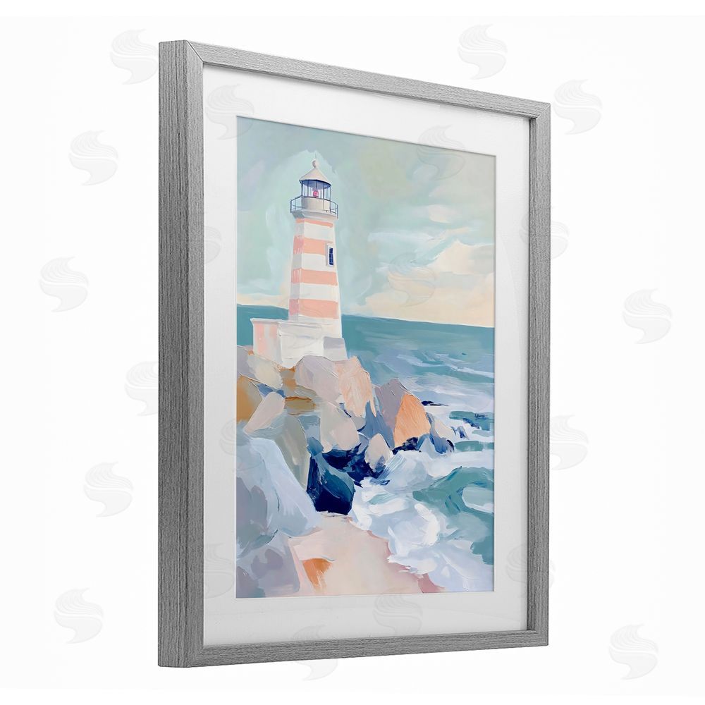 Creative Studio Coastal Lighthouse in Pastels Gray Framed Print Under Glass Wall Art