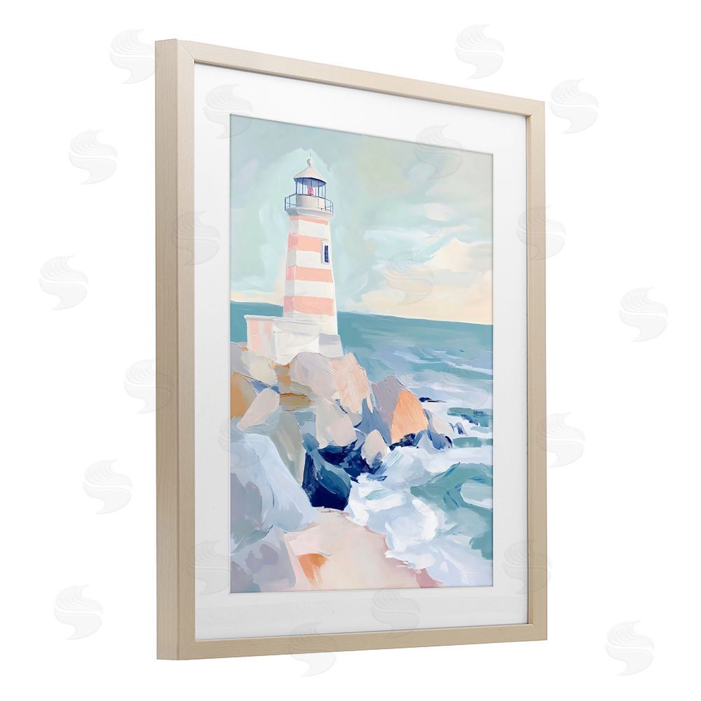Creative Studio Coastal Lighthouse in Pastels Brown Framed Print Under Glass Wall Art