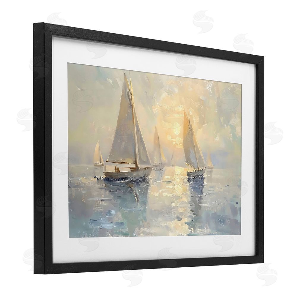 Creative Studio Sunset Sailboats Glow Black Framed Print Under Glass with White Mat Wall Art