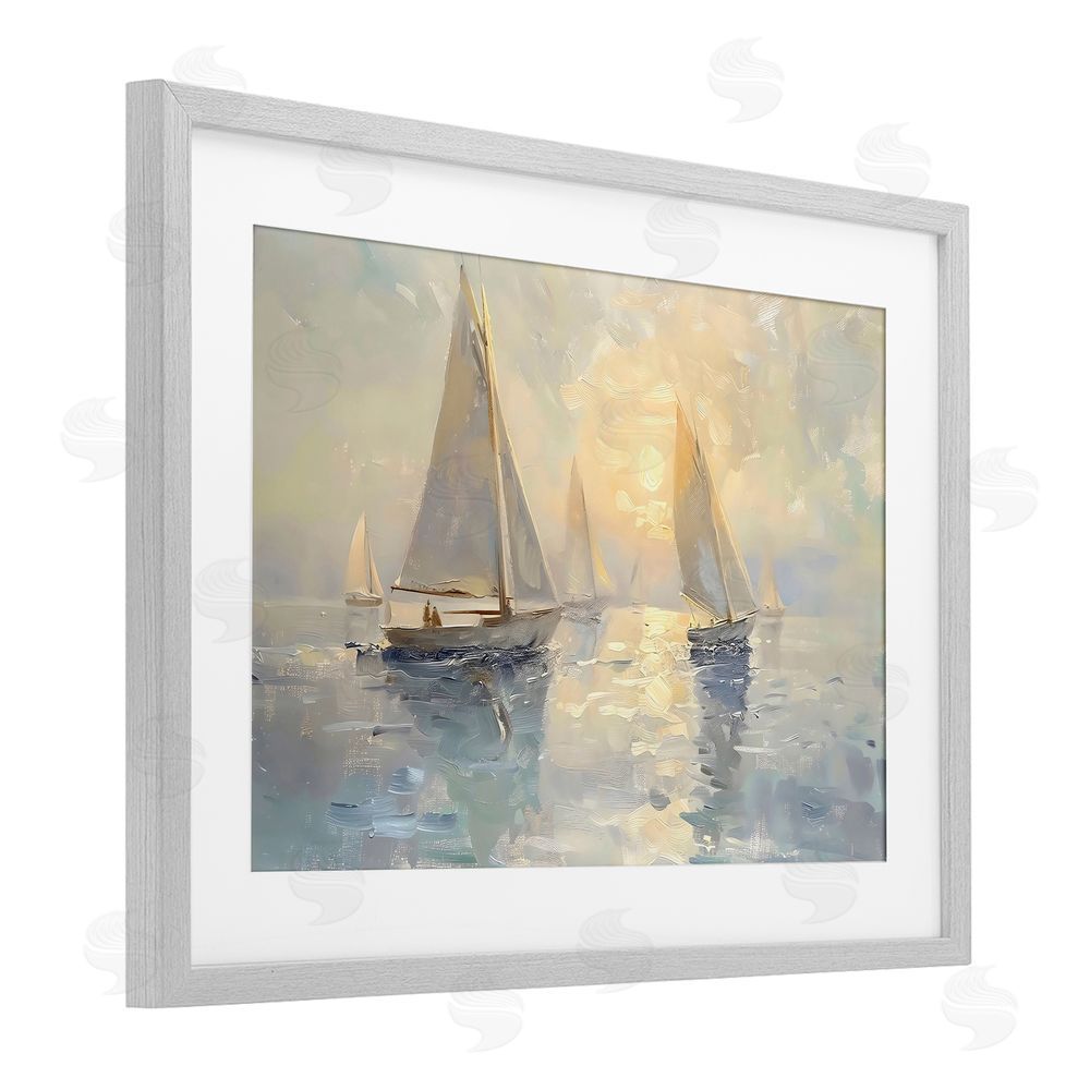 Creative Studio Sunset Sailboats Glow Gray Framed Print Under Glass with White Mat Wall Art