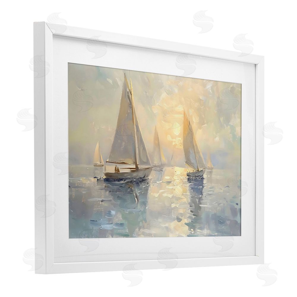Creative Studio Sunset Sailboats Glow White Framed Print Under Glass with White Mat Wall Art