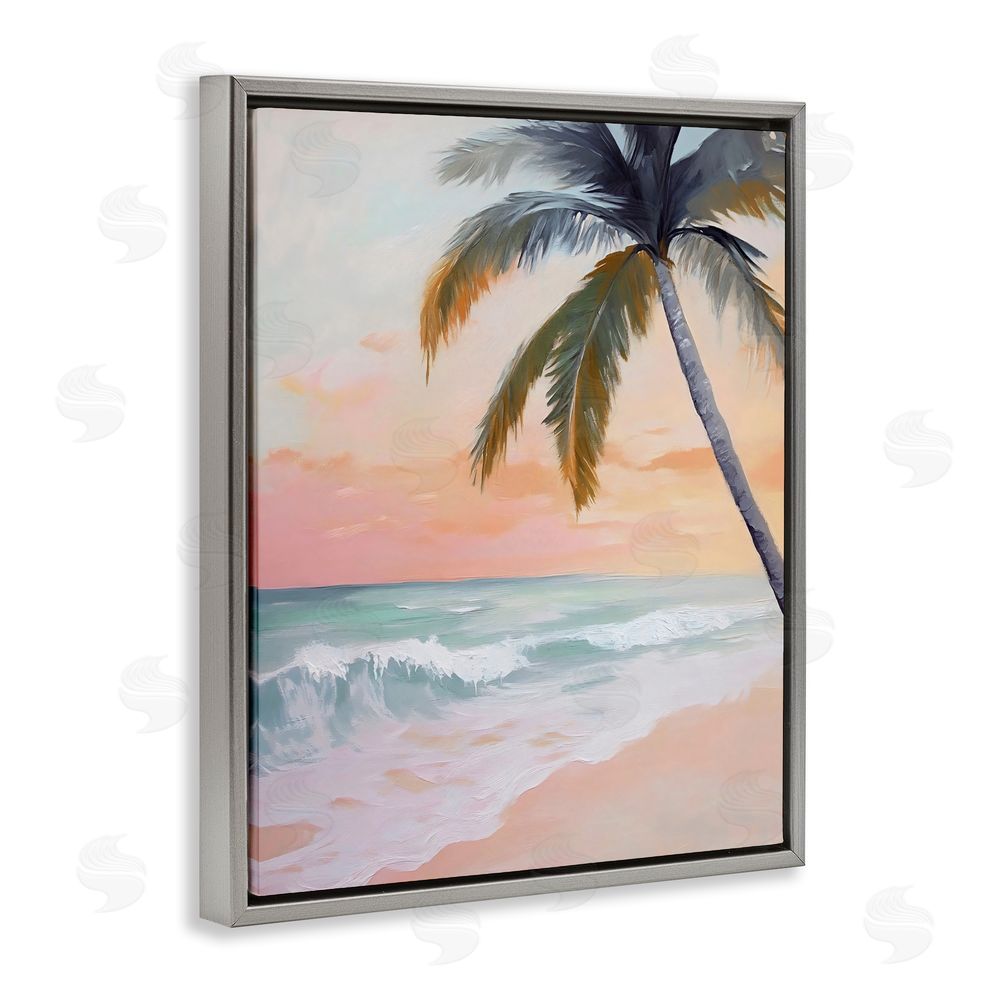 Creative Studio Tranquil Sunset & Beach Palm Gray Floating Framed Canvas Wall Art Print