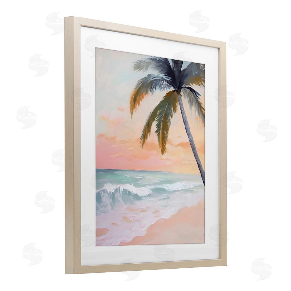 Creative Studio Tranquil Sunset & Beach Palm Brown Framed Print Under Glass with White Mat Wall Art