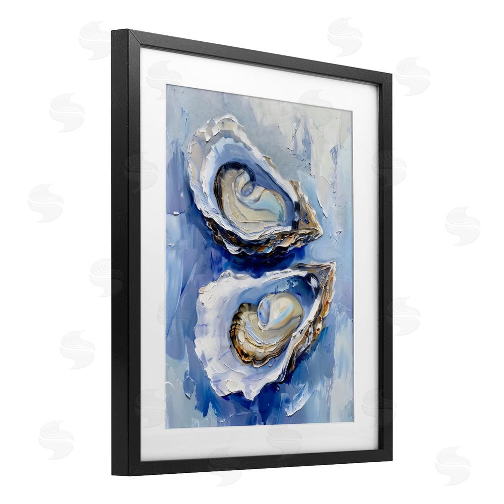 Creative Studio Coastal Oysters in Pearlescent Light Black Framed Print Under Glass Wall Art