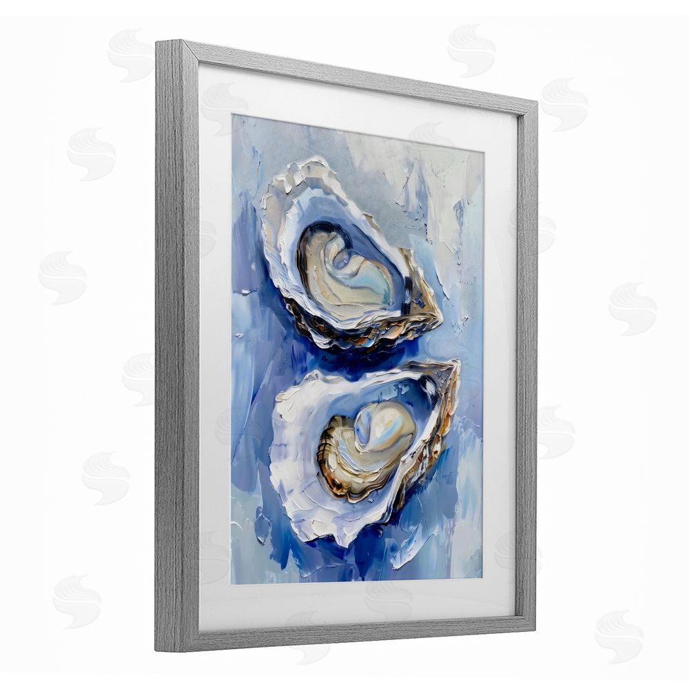 Creative Studio Coastal Oysters in Pearlescent Light Gray Framed Print Under Glass Wall Art