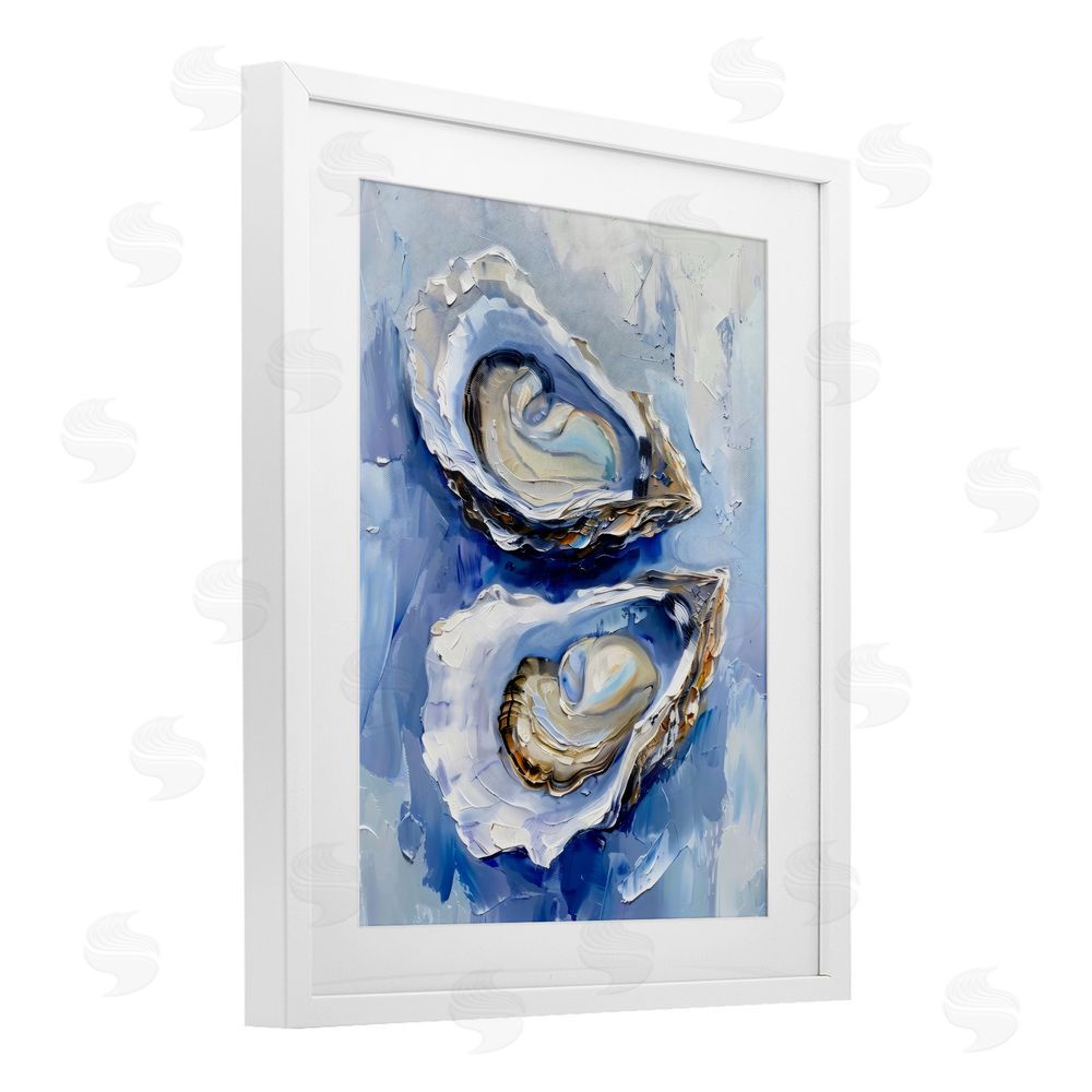 Creative Studio Coastal Oysters in Pearlescent Light White Framed Print Under Glass Wall Art